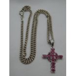Silver Mercat style cross set with rubies on 18" silver curb link chain 19g