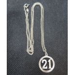 HM silver 21st pendant on silver chain 8g