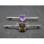 2x antique bar brooches one with amethysts and one with quartz