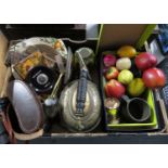 Box of plastic fruit, kettle, binoculars and other misc.