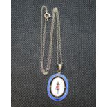 Charles Horner silver pendant on chain with blue and silver enamel in central rose