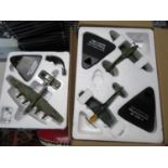 Battle of Britain Messerschmitt and Spitfire metal die cast on stands boxed with Lancaster Dambuster