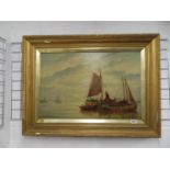 BB Hemy gilt framed oil painting of boats at mooring 32" x 22"