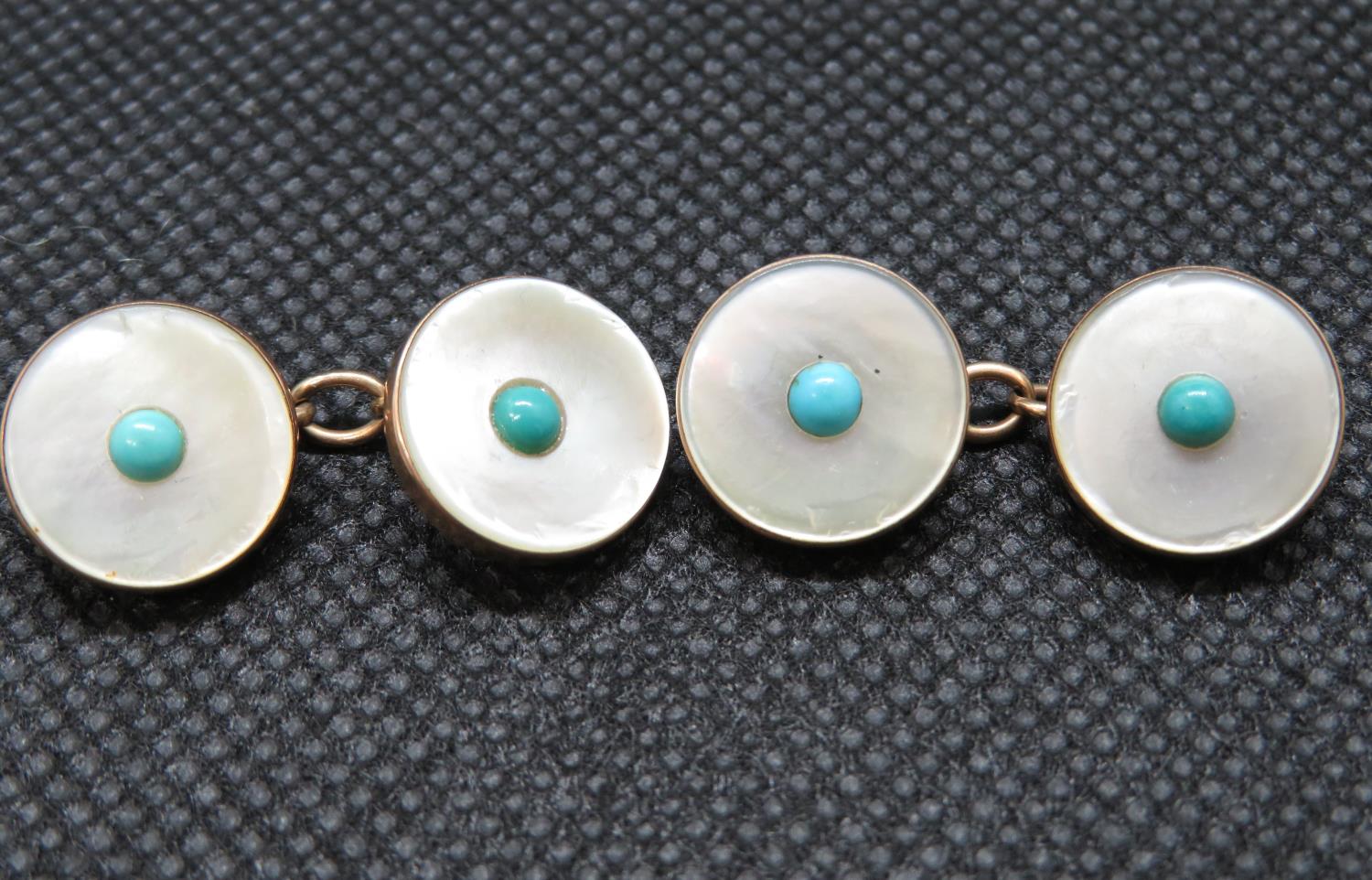 Set of Victorian rose gold mother of pearl and turquoise cufflinks fully HM