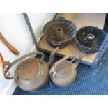 1x cast iron 15" kettle, 1x cast iron 12" kettle, 2x cast iron 12" pate moulds