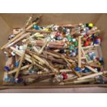 Box of wooden lacemaking dollies - approx 100 with glass beads