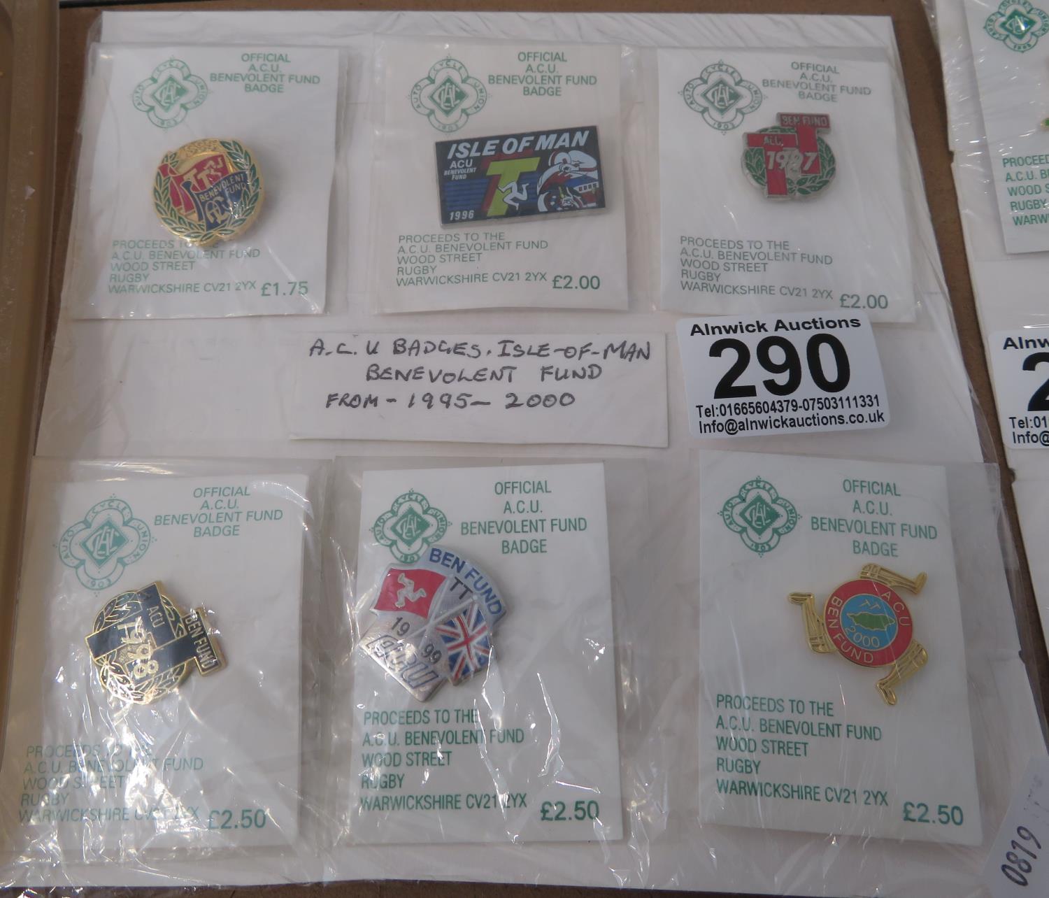 6x Isle of Man enamel TT badges on cards 1995-2000