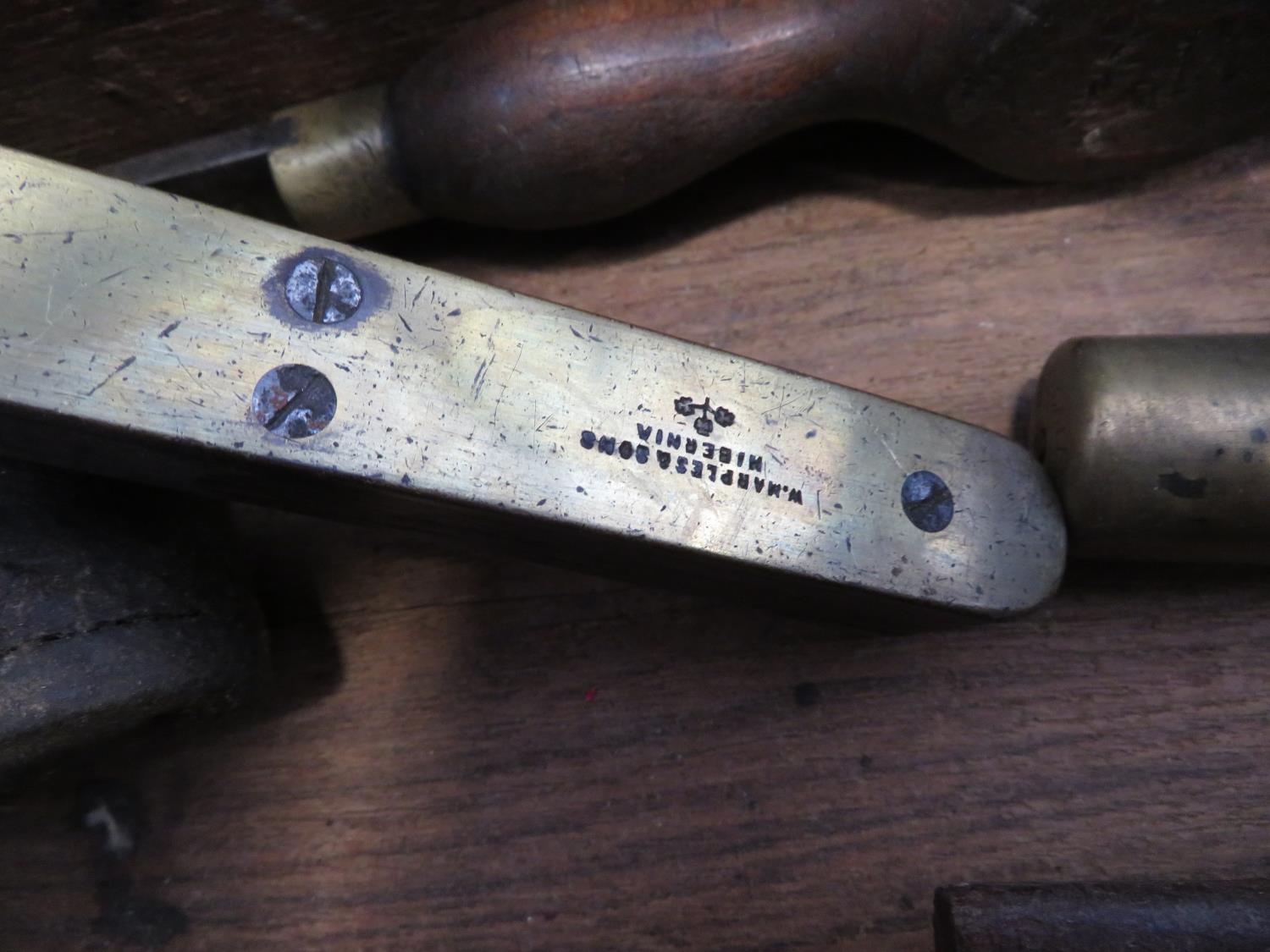 Stanley 113 plane, some brass and ebony spirit levels and other tools in solid wooden box - Image 3 of 3