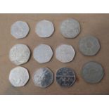 Collection of 11x 50p coins including Battle of Britain and 1973 EU 50p