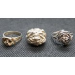 3x silver floral design rings 19g