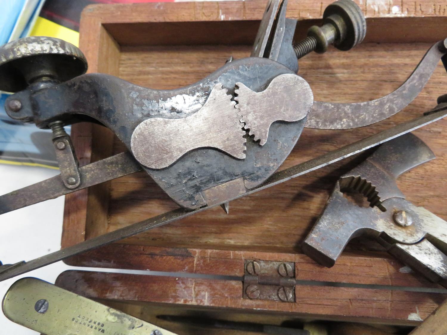 Stanley 113 plane, some brass and ebony spirit levels and other tools in solid wooden box - Image 2 of 3