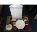 Box of enamelled splashback, scales, binocular box, desk tidy and other misc.