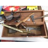 Stanley 113 plane, some brass and ebony spirit levels and other tools in solid wooden box