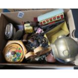 Box of tin toys, jewellery and other misc