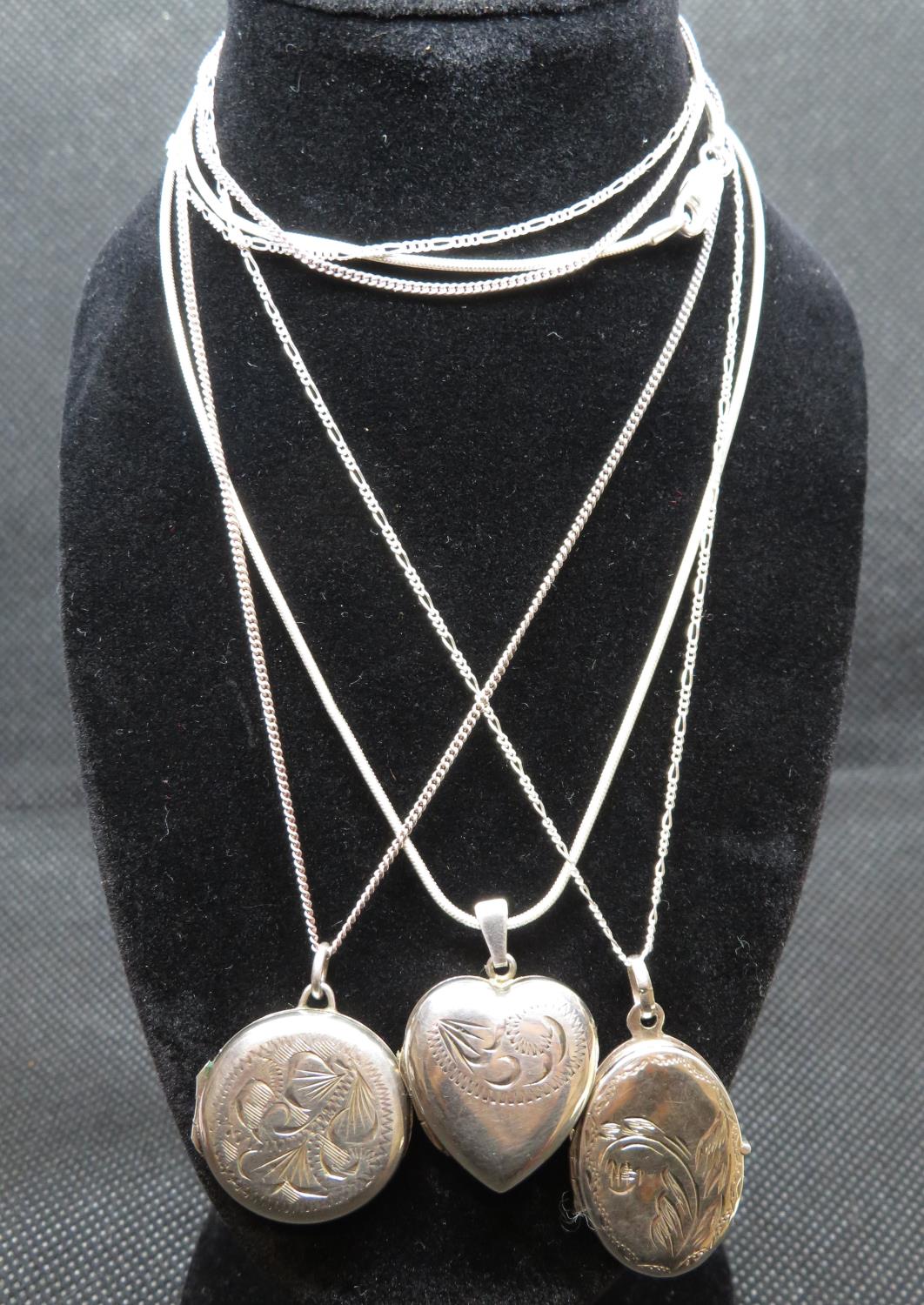 3x silver lockets and chains