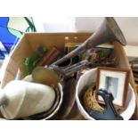 Box of water bottle, brassware, trumpet and other misc.