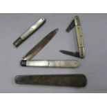 Collection of silver pocket knives and one other horn handled Japanese pencil