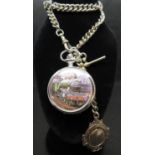 White metal Albert chain with mechanical Flying Scotsman commemorative pocket watch