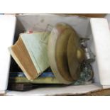 Box of old brass cymbals, 50's torch and lots of other misc.