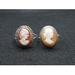 2x vintage silver cameo rings one set with marquisite stones