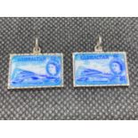 2x rare Gibraltar souvenir enamelled charms in form of Threepenny stamps with QEII head 800 grade