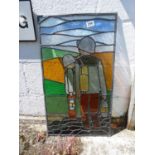 Set of 4x stained glass panels depicting Miners and fields - each panel 16" x 29"