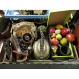 Large box of plastic fruit, kettle, binoculars and other misc.