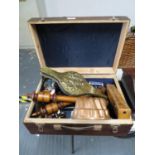 Large wooden box of misc items copper jelly mould, bellows etc.