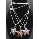 3x silver gem set starfish pendants all on 16" silver link chains 21g