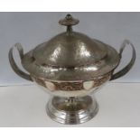 Signed Scottish possibly Glasgow School of Arts copper with silver finish and lid with green glass