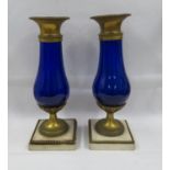 Pair of blue glass ormolou and marble vases