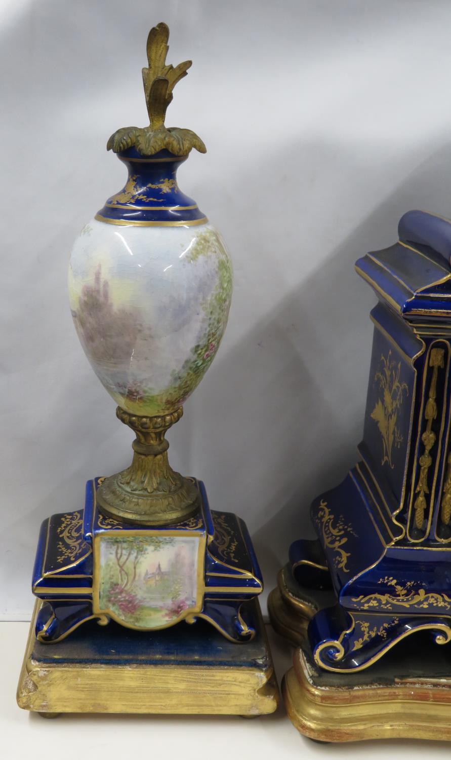 French hand painted vases on plinths with French hand painted clock - fully working - Bild 4 aus 19