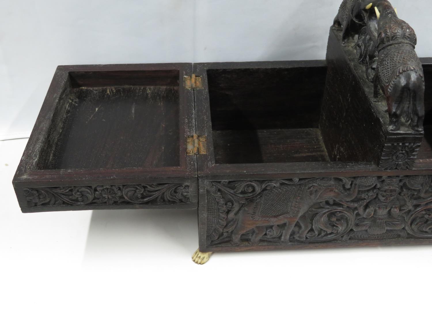 Highly carved Indian ebony box with elephants and carved ivory lion paw feet 12" x 6" x 7" - Image 8 of 8