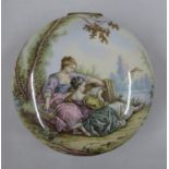 Excellent condition copper enamelled round lidded pot with ladies by lake 5"