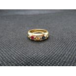 18ct gold ring size M with sapphires, rubies and diamonds - largest diamond approx .01ct 6g