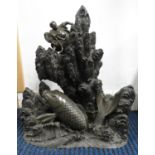 Japanese bronze 17" x 18" of highly decorated with major detail koi carp raising out of waves to