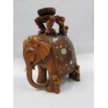 Intricately carved 6" high elephant with Shibayama inlaid detail singed underneath - 1 tusk missing