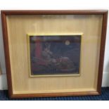 Incredibly detailed framed 9" x 7" papier mache Japanese laquer panel depicting scene of Master with