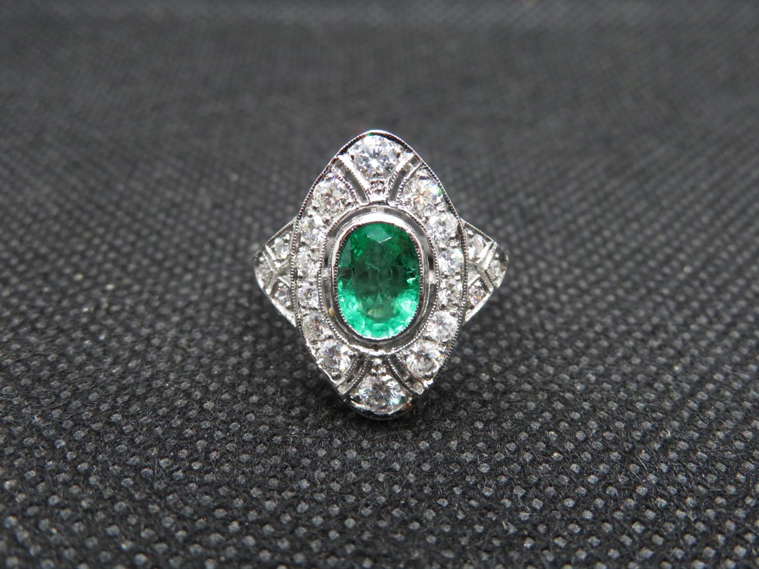 Art Deco platinum emerald and diamond ring diamonds approx 1ct emerald 1.2ct approx weight size P