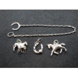 Vintage silver bracelet with horseshoe fastener and 3x equestrian charms
