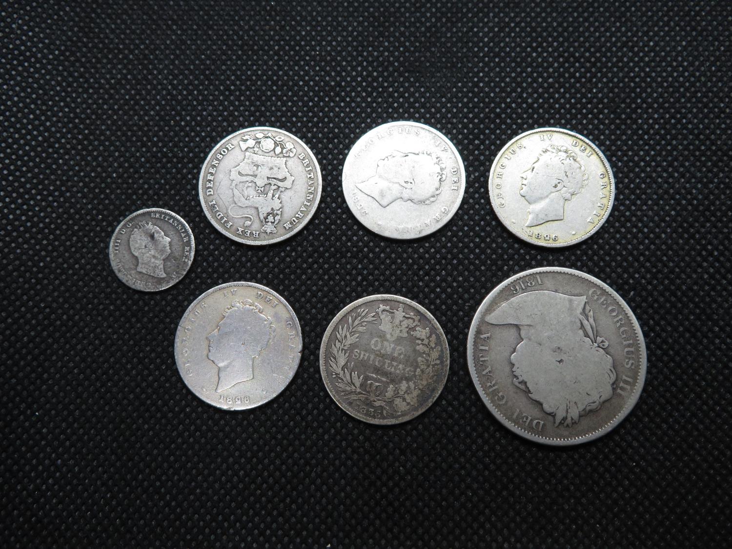 Job lot of Georgian pre 1836 coins, 1 florin, 5 shillings, and one threepenny bit - Image 2 of 2