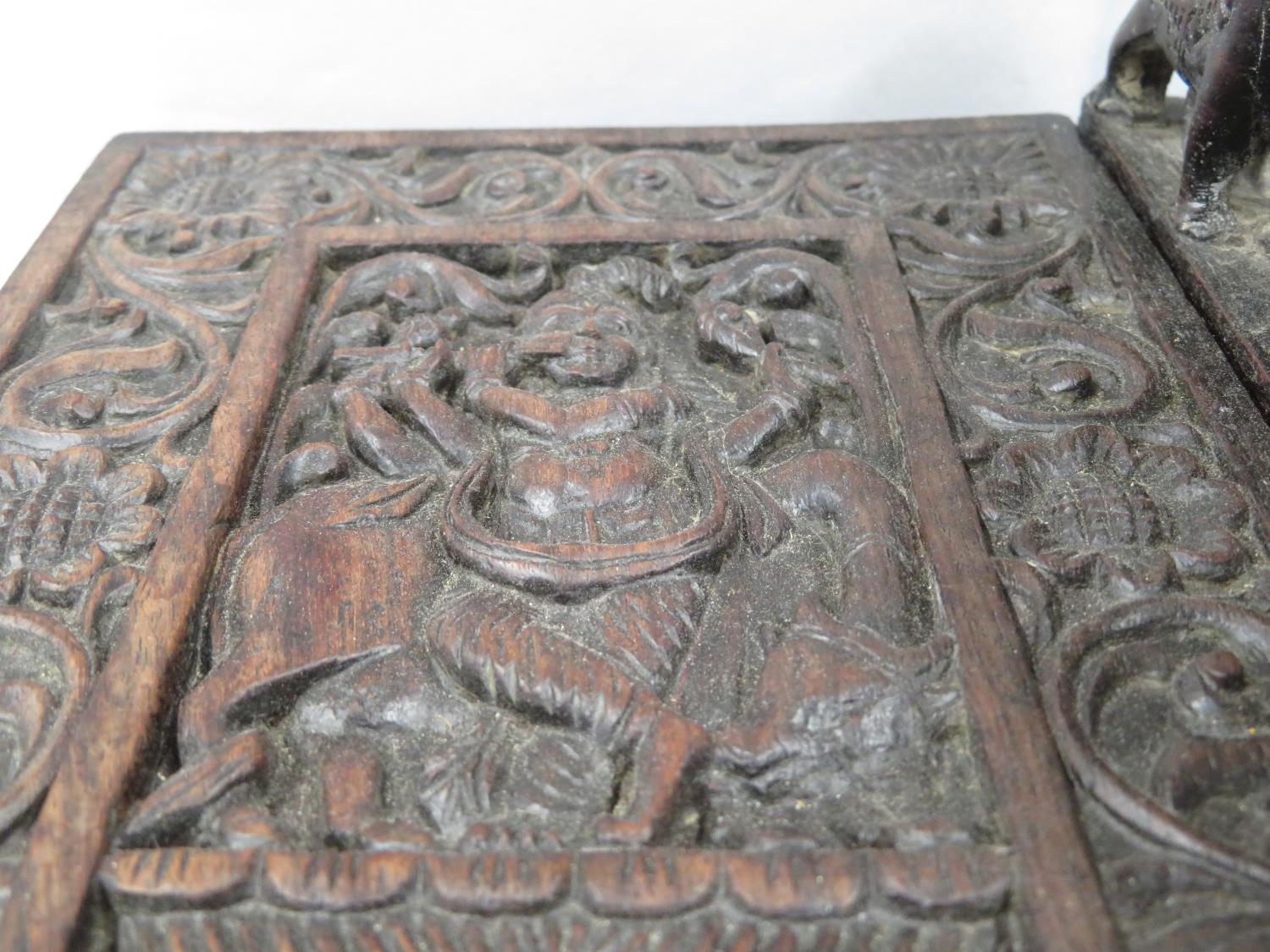 Highly carved Indian ebony box with elephants and carved ivory lion paw feet 12" x 6" x 7" - Image 6 of 8