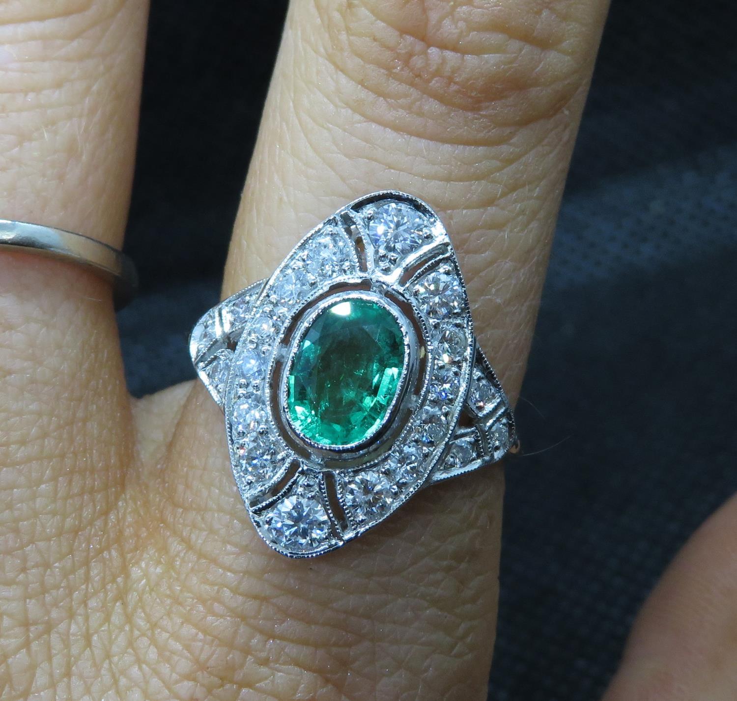 Art Deco platinum emerald and diamond ring diamonds approx 1ct emerald 1.2ct approx weight size P - Image 5 of 5