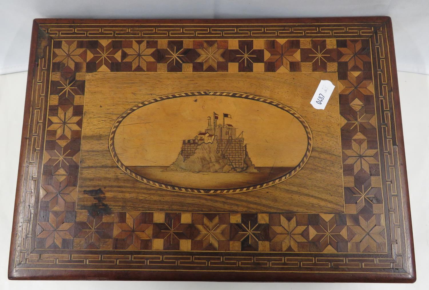 Marquetry wooden box possibly POW work with French Martello Tower in middle