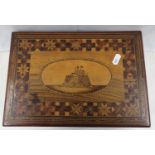 Marquetry wooden box possibly POW work with French Martello Tower in middle