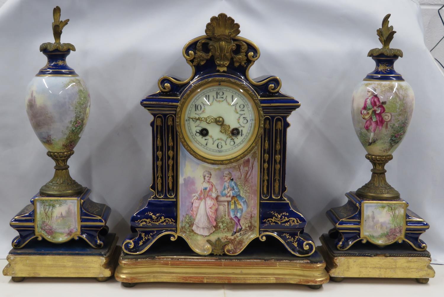 French hand painted vases on plinths with French hand painted clock - fully working