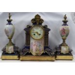 French hand painted vases on plinths with French hand painted clock - fully working