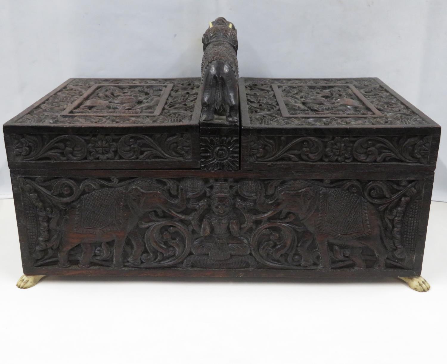 Highly carved Indian ebony box with elephants and carved ivory lion paw feet 12" x 6" x 7" - Image 2 of 8