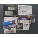 Collection of coins and stamps and framed banknotes