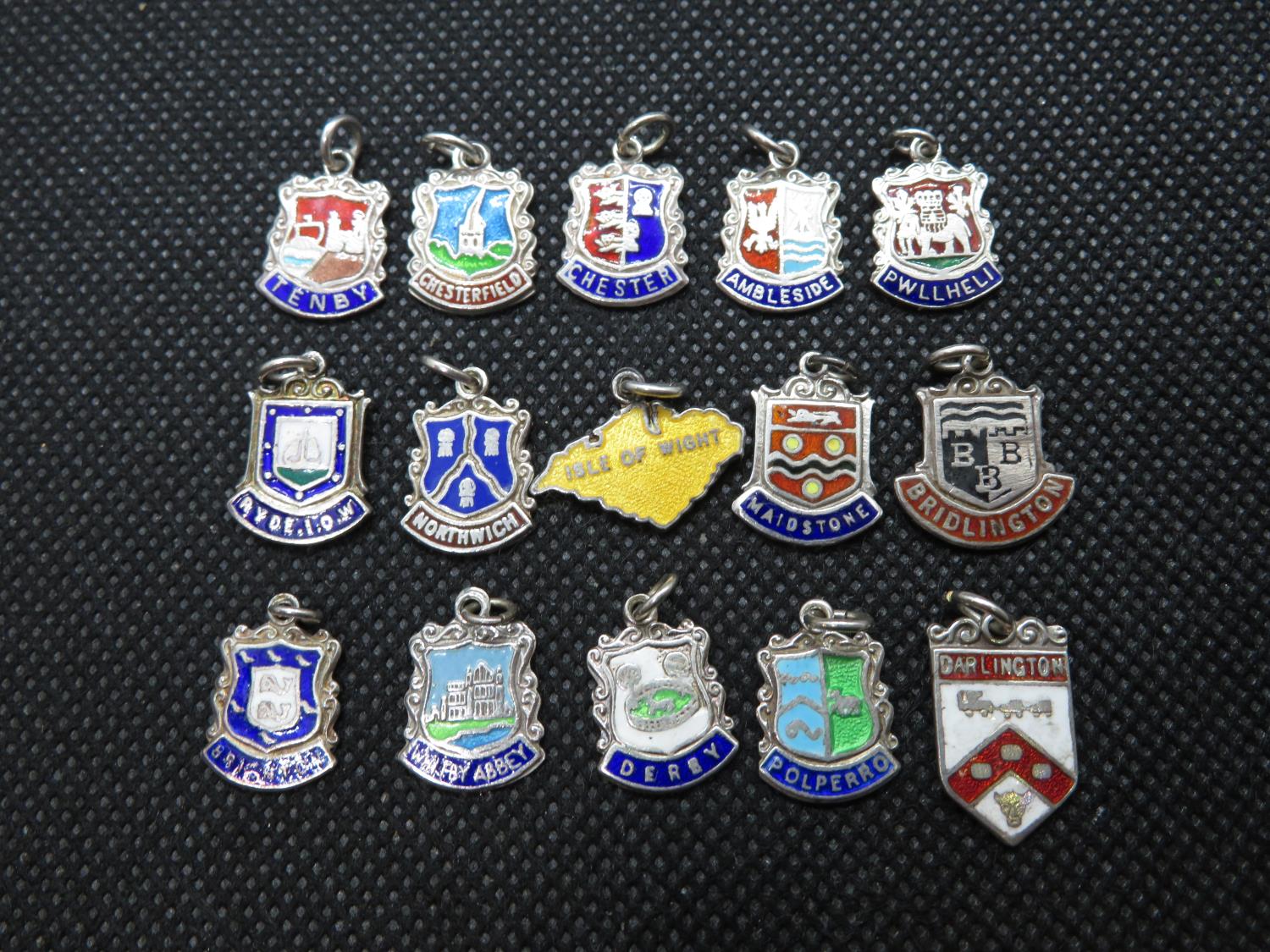 15x silver and enamel English place name charms 21g